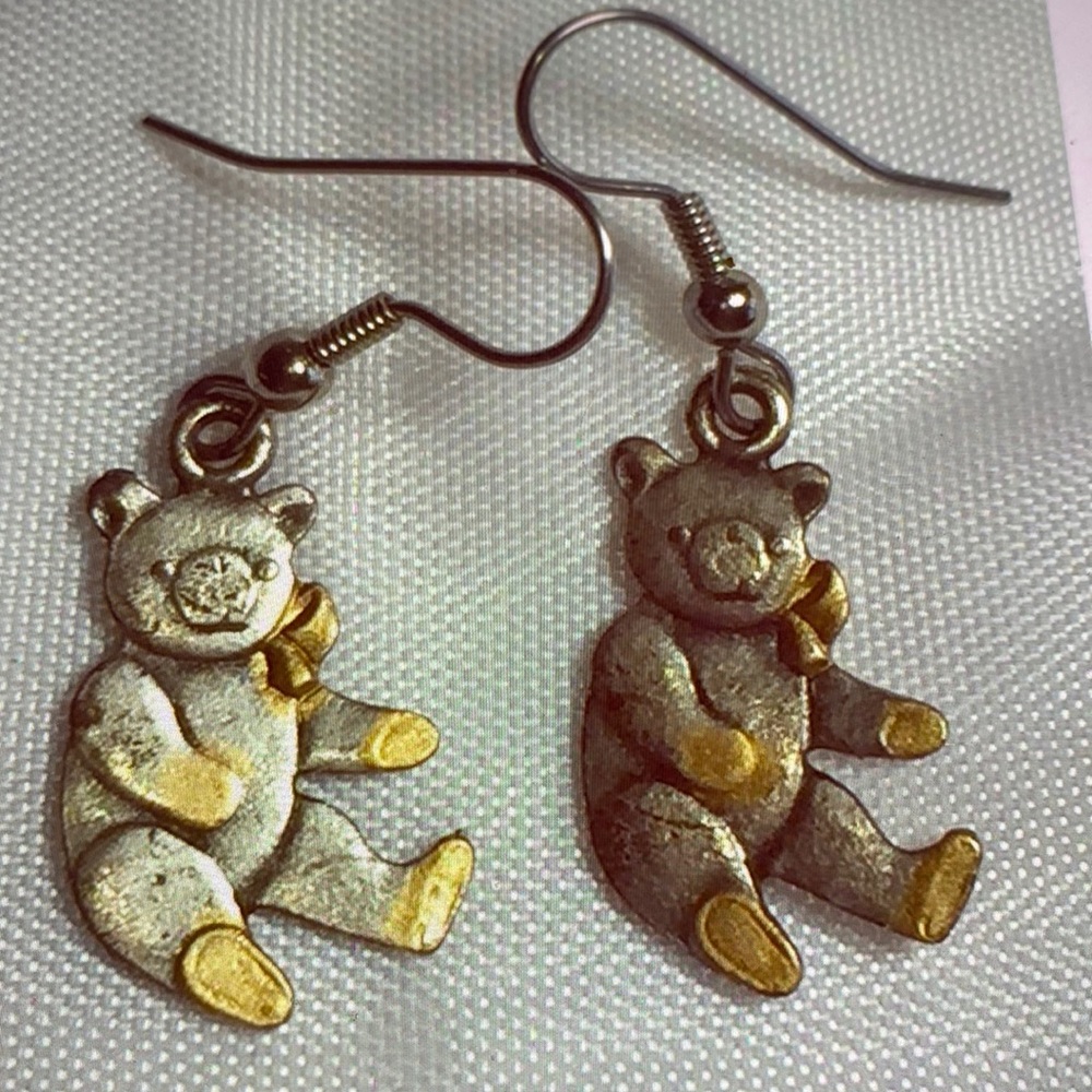 Teddy bear dangle earrings on wires